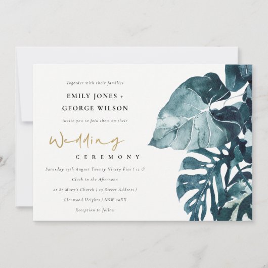 Tropische monstera Foliage Blue Wedding Invite Bedankkaart (Voorkant)