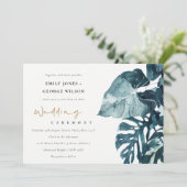 Tropische monstera Foliage Blue Wedding Invite Bedankkaart (Staand voorkant)