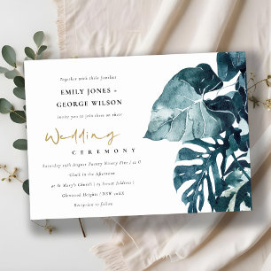 Tropische monstera Foliage Blue Wedding Invite Bedankkaart