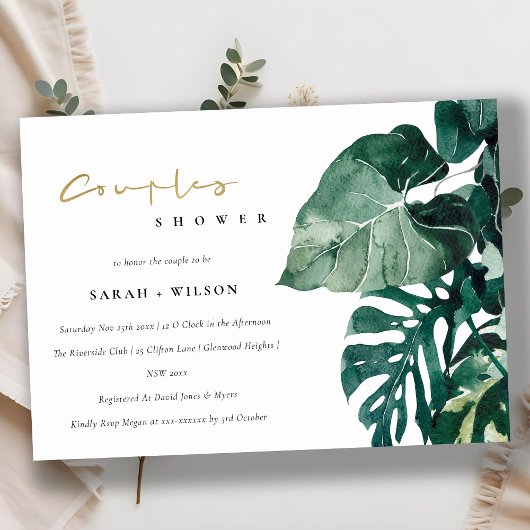 Tropische Monstera Foliage Couples Shower Invite Bedankkaart