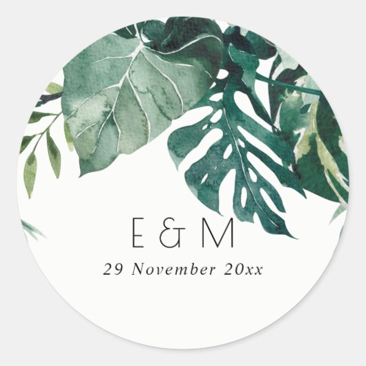 Tropische monstera Foliage Green Monogram Weddensc Ronde Sticker (Voorkant)