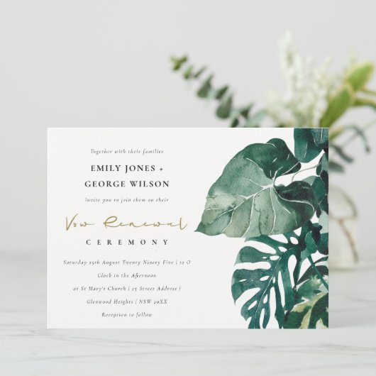 Tropische monstera Foliage Green Vow Renewal Invit Bedankkaart (Staand voorkant)