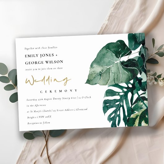 Tropische monstera Foliage Green Wedding Invite Bedankkaart