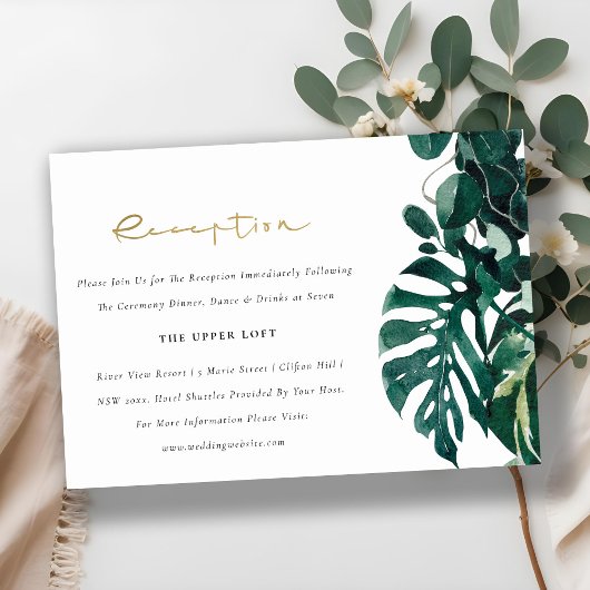 Tropische monstera Foliage Green Wedding Reception Informatiekaartje