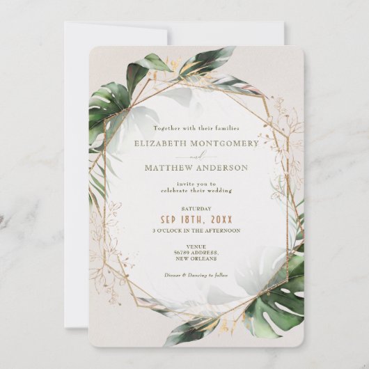 Tropische monstera Gold Green Waterverf Weddenscha Kaart (Voorkant)