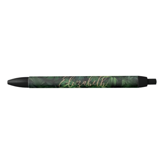 Tropische Monstera Gouden Script Naam Zwarte Inkt Pen (Voorkant)