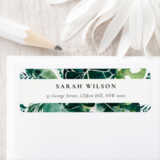 Tropische monstera Green Foliage Leafy Address Etiket (Insitu)