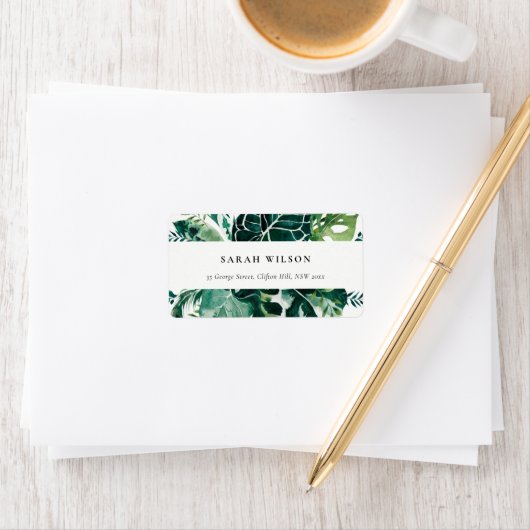 Tropische monstera Green Foliage Leafy Address Etiket (Insitu)