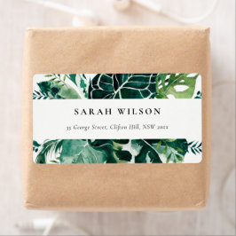 Tropische monstera Green Foliage Leafy Address Lab Etiket