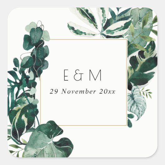Tropische monstera Green Foliage Monogram Weddensc Vierkante Sticker (Voorkant)