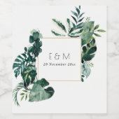 Tropische monstera Green Foliage Monogram Weddensc Wijn Etiket (Enkel label)