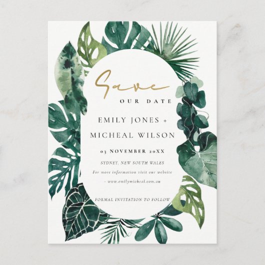 Tropische monstera groene bladfauna sparen de datu briefkaart (Voorkant)