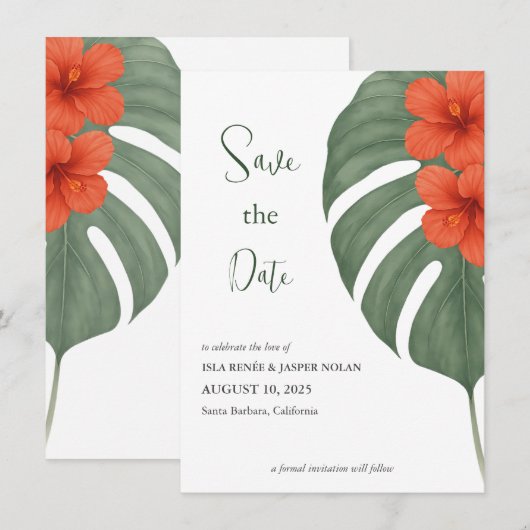 Tropische Monstera & Hibiscus bruiloft Save The Date (Voorkant / Achterkant)