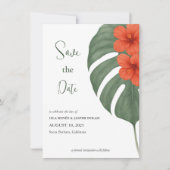 Tropische Monstera & Hibiscus bruiloft Save The Date (Voorkant)