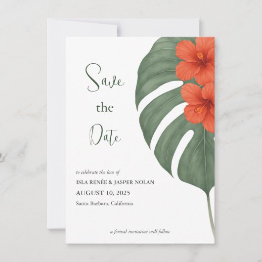 Tropische Monstera & Hibiscus bruiloft Save The Date (Voorkant)