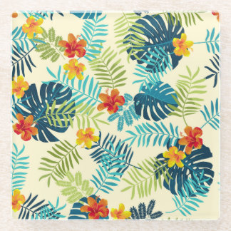 Tropische Monstera Hibiscus Zomerpatroon Glazen Onderzetter