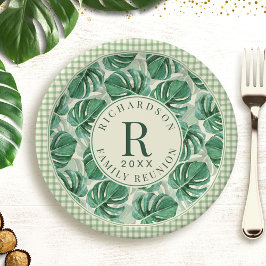 Tropische Monstera Leaf Familie Reünie Monogrammed Papieren Bordje