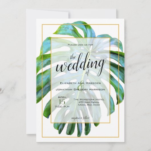 Tropische monstera Leaf Photography Gold Wedding Kaart (Voorkant)