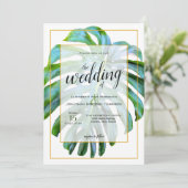 Tropische monstera Leaf Photography Gold Wedding Kaart (Staand voorkant)