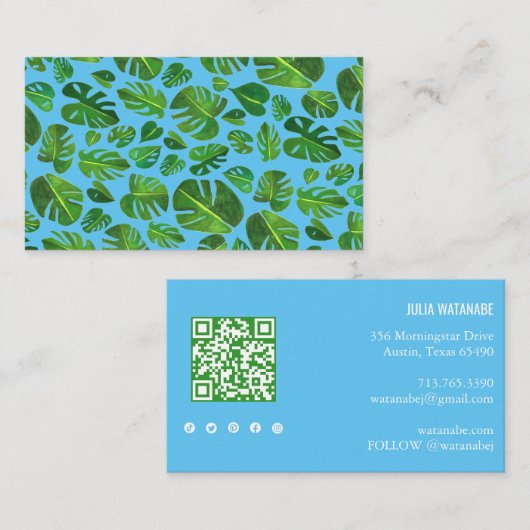 Tropische monstera Leaf QR Code Social Media Chic Visitekaartje (Voorkant / Achterkant)