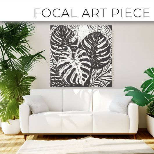 Tropische Monstera Linocut stijl kunst Canvas Afdruk
