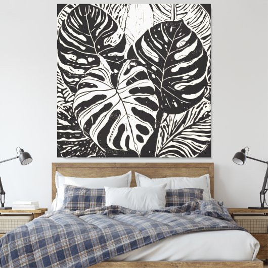Tropische Monstera Linocut stijl kunst Canvas Afdruk (Insitu (Slaapkamer))
