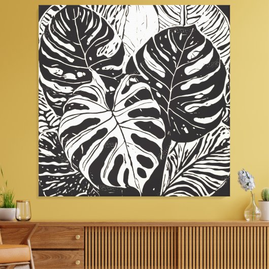 Tropische Monstera Linocut stijl kunst Canvas Afdruk (Insitu (Woonkamer))