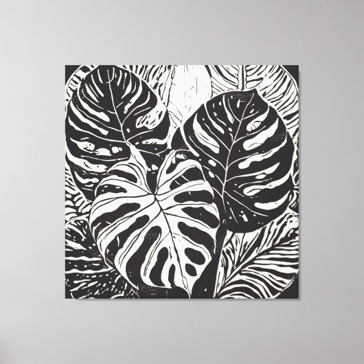 Tropische Monstera Linocut stijl kunst Canvas Afdruk (Voorkant)
