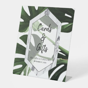 Tropische Monstera Marble Wedding Cards & Gifts Reclamebord Met Voetstuk