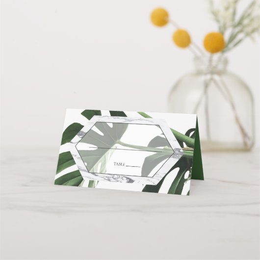 Tropische Monstera Marble Wedding Place Card Plaatskaartje (Voorkant)
