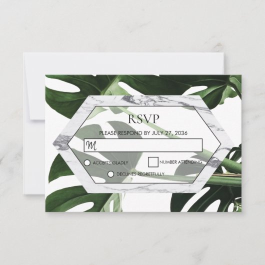Tropische monstera Marmer Wedding RSVP Kaarten Kaartje (Voorkant)