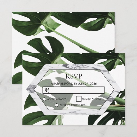 Tropische monstera Marmer Wedding RSVP Kaarten Kaartje (Voorkant / Achterkant)