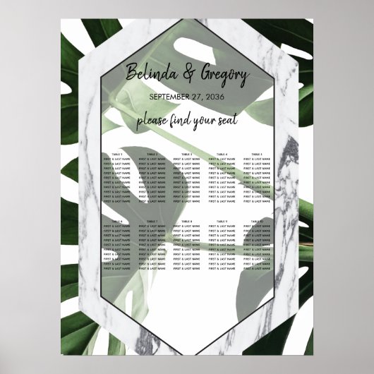 Tropische monstera marmer Wedding Seding Chart Poster (Voorkant)