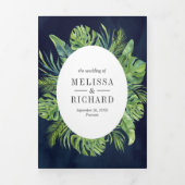 Tropische monstera palm blauw marineverbod drieluik uitnodiging (Cover)