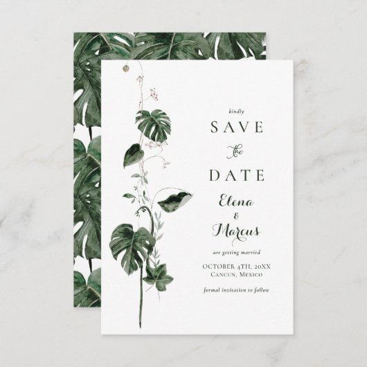 tropische Monstera Palm Botanicals Save The Date (Voorkant / Achterkant)