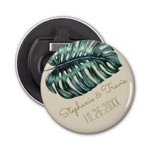 Tropische Monstera Palm Bruiloft Datum Favor Magne Button Flesopener
