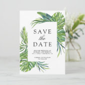 Tropische Monstera Palm Foto Collage Bruiloft Save The Date (Staand voorkant)