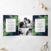 Tropische monstera Palm Foto Collage Navy Weddensc Drieluik Uitnodiging (Binnen)