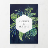 Tropische monstera Palm Foto Collage Navy Weddensc Drieluik Uitnodiging (Cover)