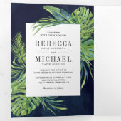 Tropische monstera Palm Foto Collage Navy Weddensc Drieluik Uitnodiging (Binnenzijde eerst)