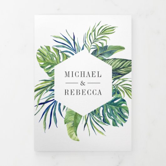 Tropische monstera Palm Foto Collage Wedding Drieluik Uitnodiging (Cover)