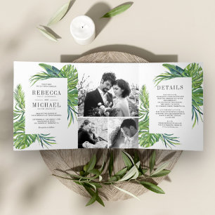 Tropische monstera Palm Foto Collage Wedding Drieluik Uitnodiging