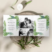 Tropische monstera Palm Foto Collage Wedding Drieluik Uitnodiging