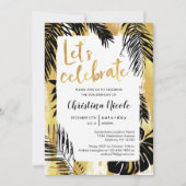 Tropische Monstera Palm Goud Zwart Laten We Vieren Kaart (Voorkant)