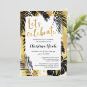 Tropische Monstera Palm Goud Zwart Laten We Vieren Kaart (Staand voorkant)
