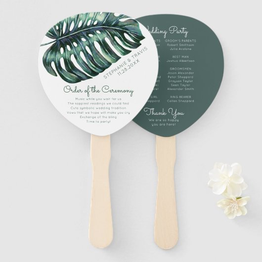 Tropische Monstera Palm Leaf bruiloft programma Handwaaier (Voorkant en achterkant)