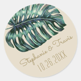 Tropische Monstera Palm Leaf bruiloft Ronde Sticker