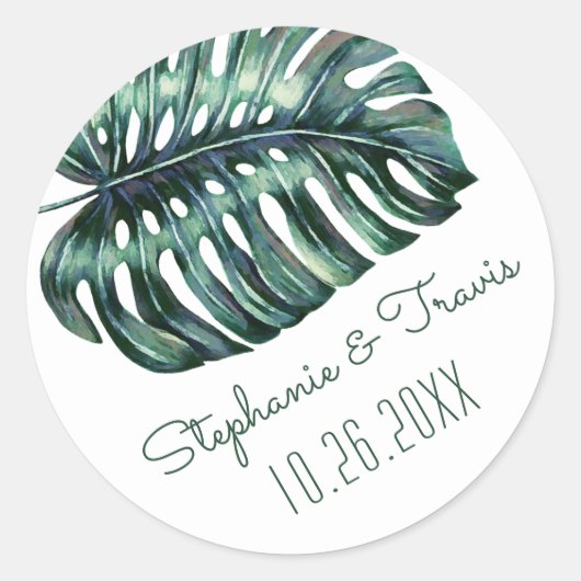Tropische Monstera Palm Leaf trouwdatum Ronde Sticker (Voorkant)