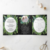 Tropische monstera Palm Leaves Black Wedding Drieluik Uitnodiging (Binnen)