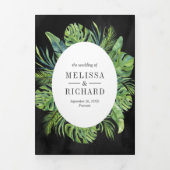Tropische monstera Palm Leaves Black Wedding Drieluik Uitnodiging (Cover)